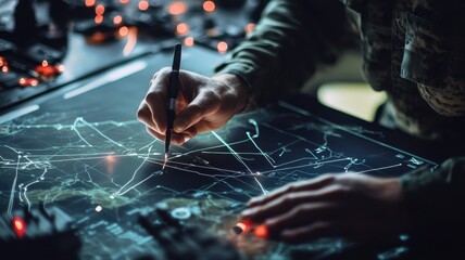 A person drawing on a digital map with glowing connections, surrounded by technology and multiple monitors, likely engaged in strategic planning or analysis.