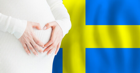 Demographics, pregnancy and love baby in Sweden concept. Pregnant woman making heart against her...