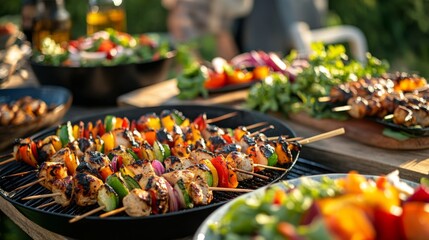 A vibrant outdoor barbecue scene with skewers of grilled chicken, vegetables, and colorful salads, showcasing a festive and appetizing spread.