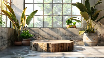 Rustic Wooden Podium in Sunlit Room with Lush Indoor Plants for Product Display Concept with Copy Space