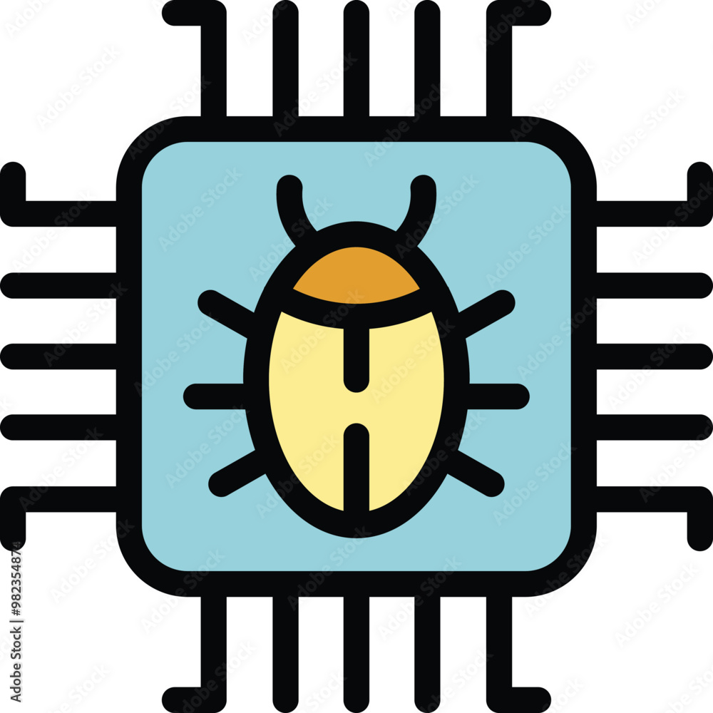 Poster cyber security threat concept with a bug appearing on a cpu processor, illustrating system failure