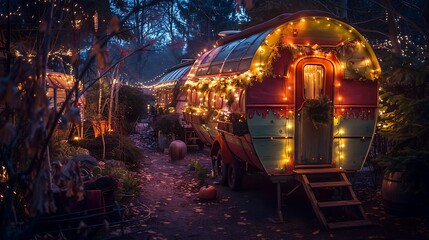 Historic light horse drawn caravan decoration shining at midnight in a village nature folktale travel