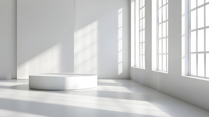 Bright White Room with Minimalist Podium for Product Presentation