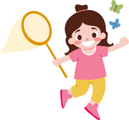 Happy girl catching butterflies with a net illustration