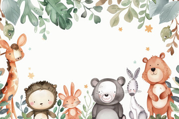 Watercolor cute baby forest animals with space for text, white background, clip art style, white empty space inside frame.