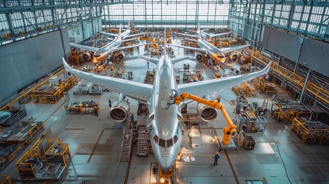 Modern jet assembly line with robotic arms and engineers constructing aircraft in an expansive, open space