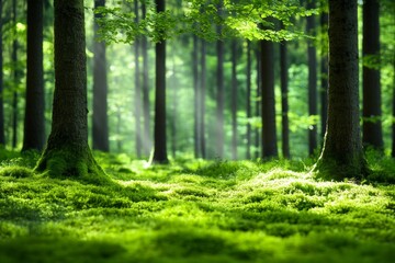 Obraz premium A peaceful forest scene with sunlight streaming through tall trees, illuminating a lush, moss-covered forest floor