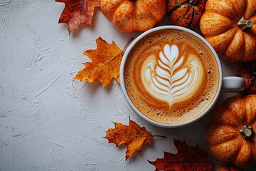 Autumn-themed coffee in a white cup surrounded by vibrant pumpkins and maple leaves. Perfect for Thanksgiving and Halloween promotions, with copy space.