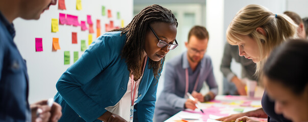 Group collaboration on sticky notes in a vibrant brainstorming session at a modern office space