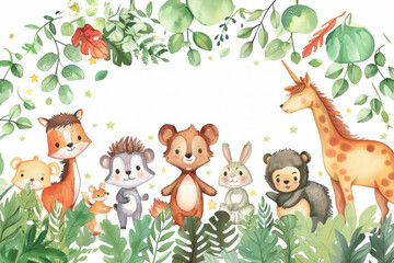 Naklejka premium Watercolor cute baby forest animals vector background with white space for text, frame design, leaves and stars.