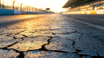 A close-up of a cracked asphalt surface on a racetrack during sunset.