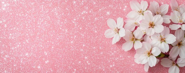 Delicate cherry blossoms set against a glittering pink abstract background