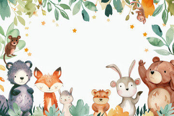 Watercolor cute baby forest animals vector background with white space for text, frame design, leaves and stars.
