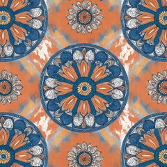 Fototapeta premium abstract pattern featuring a series of circular mandala-like designs. The layout is a repeating pattern with each circle containing symmetrical, radial designs that resemble traditional mandala art.