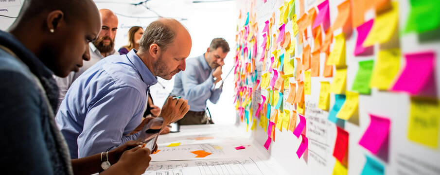 Group collaboration on sticky notes in a vibrant brainstorming session at a modern office space