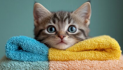 A kitten peeking over a stack of colorful towels, wide blue eyes, soft pastel background, cozy and cute