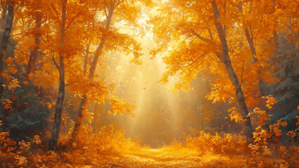 Fototapeta premium Golden canopy lit by sun over a peaceful forest floor