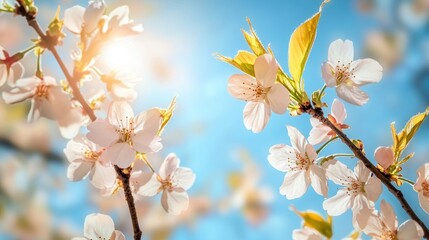 A close-up of cherry blossom branches framed against a bright blue sky, with petals illuminated by the afternoon sun