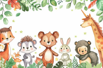 Naklejka premium Watercolor cute baby forest animals vector background with white space for text, frame design, leaves and stars.