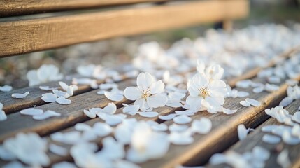 A close-up of cherry blossom petals scattered across a wooden bench in a park, with soft focus on the flowers