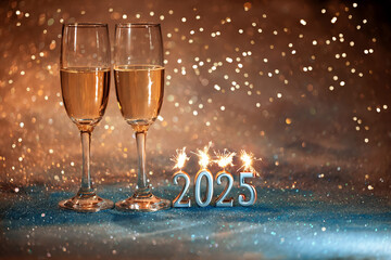 2025 Nowy Rok. Kartka z życzeniami szczęśliwego nowego roku 2025. kieliszki do szampana na brokatowy tle, new year