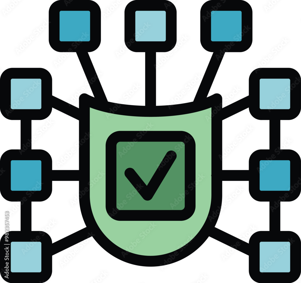 Poster shield with a checkmark is connecting to data nodes, representing a secure network connection