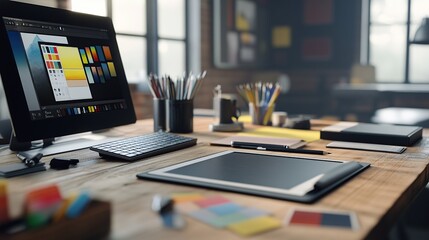 A creative workspace featuring a computer, drawing tablet, and art supplies.