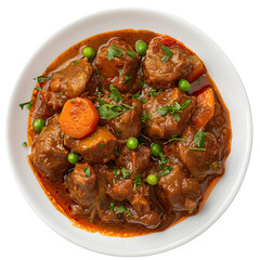 Fototapeta premium Hearty homemade beef stew with tender chunks of beef, carrots, peas, and potatoes in a rich, savory sauce, served in a white bowl
