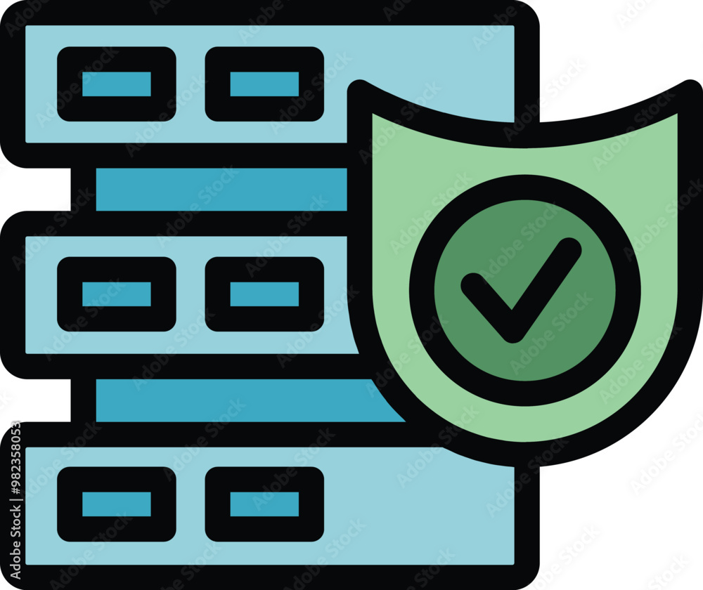 Poster server rack being protected by a shield, representing data protection and cybersecurity