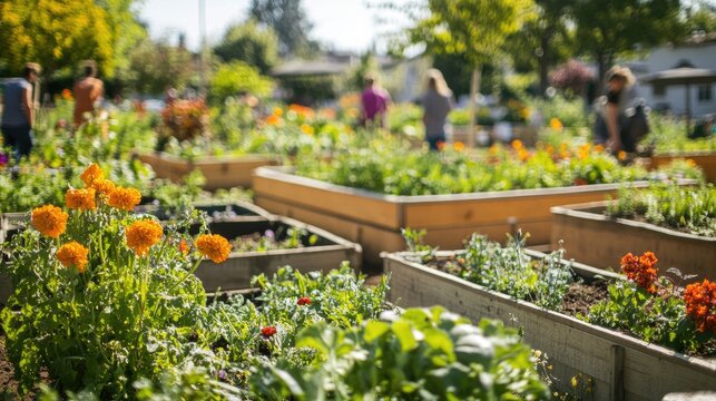 A community flower garden with raised beds full of vegetables and flowers, people tending to the plants in the background