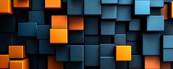 Abstract 3d render of blue and orange cubes background. Futuristic technology style.