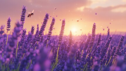 A field of lavender stretching toward the horizon, with bees buzzing around the fragrant purple blossoms