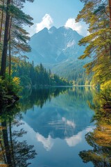 Obraz premium Serene lake surrounded by pine trees, reflecting crystalclear water, with distant mountains bathed in soft morning light