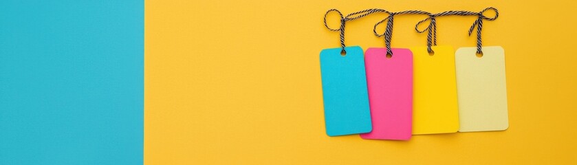 Colorful price tags hanging against a vibrant yellow background, perfect for retail or promotional use.