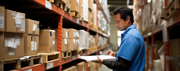 Warehouse employee checks inventory