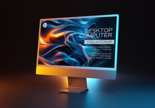 Modern Computer Screen Mockup Lighted By Blue And Orange Lights