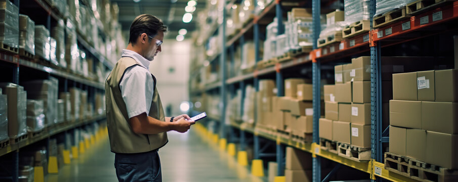Warehouse worker using a handheld device to check inventory in a large storage facility during the afternoon