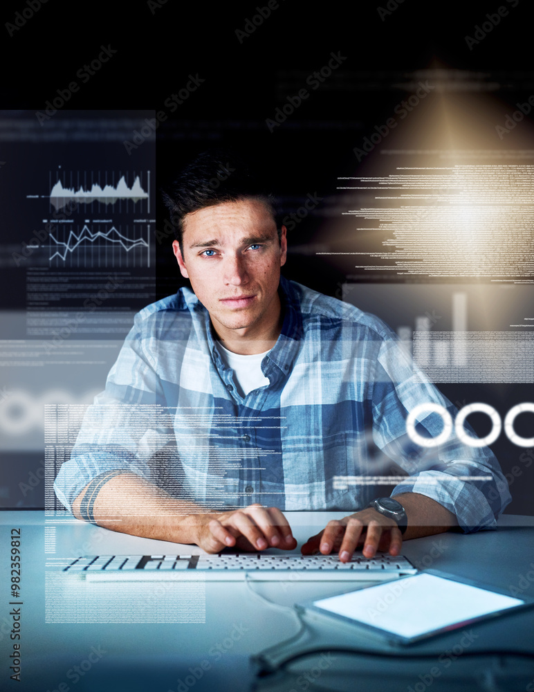 Leinwandbilder office, portrait and man with data overlay for online programming, analysis and cybersecurity in cry