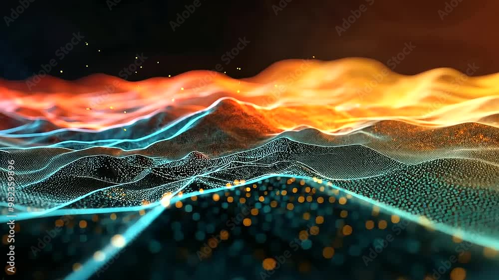 Poster a digital 3d terrain model highlighting complex topography, with layered gis geodata showcasing spat