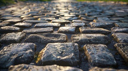 Close-up of Wet Cobblestone Pathway at Sunset