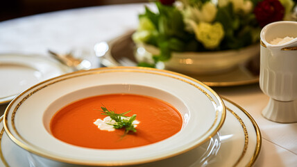 Tomato cream soup in a restaurant, English countryside exquisite cuisine menu, culinary art food and fine dining experience