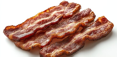 Thin slices of crispy bacon, perfectly arranged on a white surface