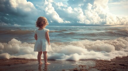 A young child standing on a beach, looking out at the rising sea levels encroaching on the shoreline, symbolizing the future generations affected by climate change.