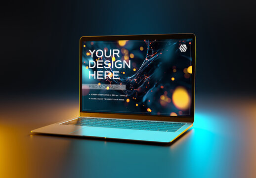 Laptop Computer Mockup On Black With Blue And Orange Lights