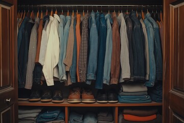 A closet filled with various types of clothing, shoes, and a pair of boots. The boots are located on the bottom shelf, and the clothes and shoes are neatly arranged on the upper shelves