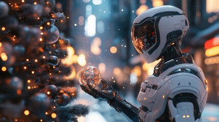 Fototapeta premium Cyborg Trimming Christmas Tree in a High-Tech Winter Wonderland