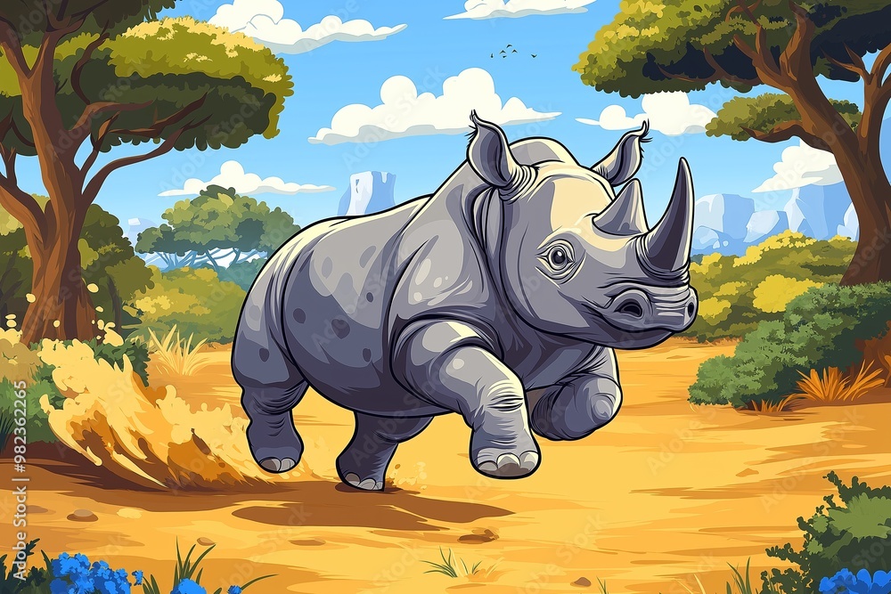 Poster a rhino is running through a field with trees in the background. the scene is lively and full of ene