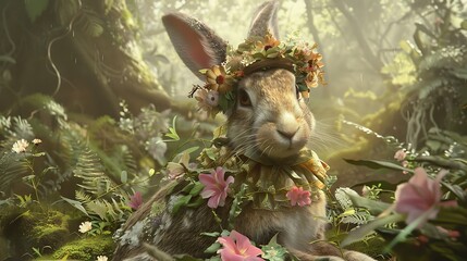 Obraz premium In an enchanted forest a rabbit dressed in festive flowery outfits and a flower adorned cap rests