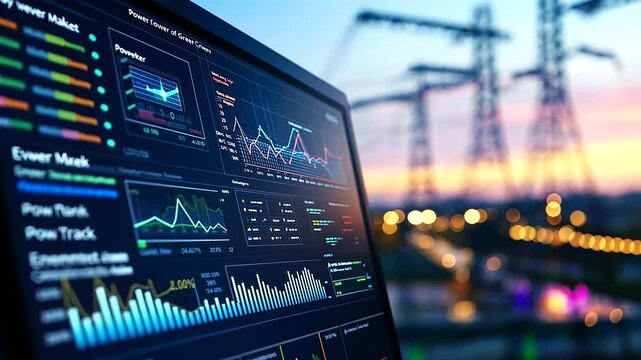 A power grid interface with a sleek design, featuring dynamic graphs of energy market trends