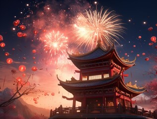 Fototapeta premium Chinese people are celebrating the New Year with firecrackers, dragon and lion dances